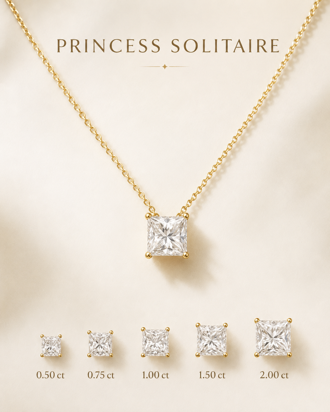 1Luxury Miami princess-cut lab-grown or natural diamond solitaire necklace in solid gold with 18-inch cable-link chain — digital design representation