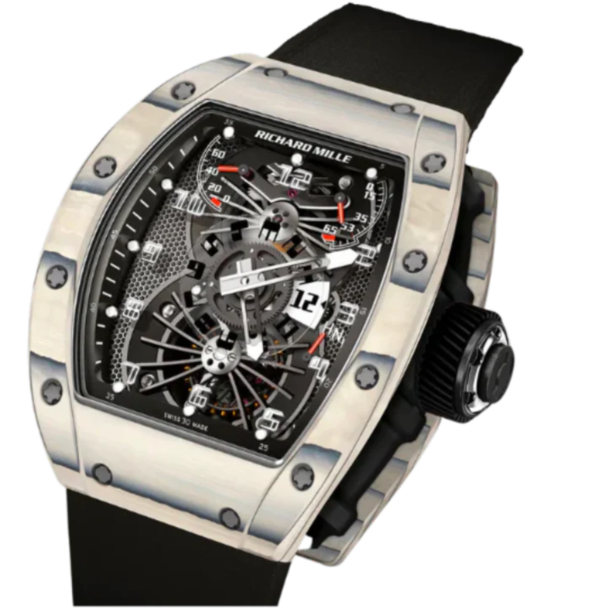 RM 022 Tourbillon Aerodyne Dual Time White Black Rubber Strap Carbon Case