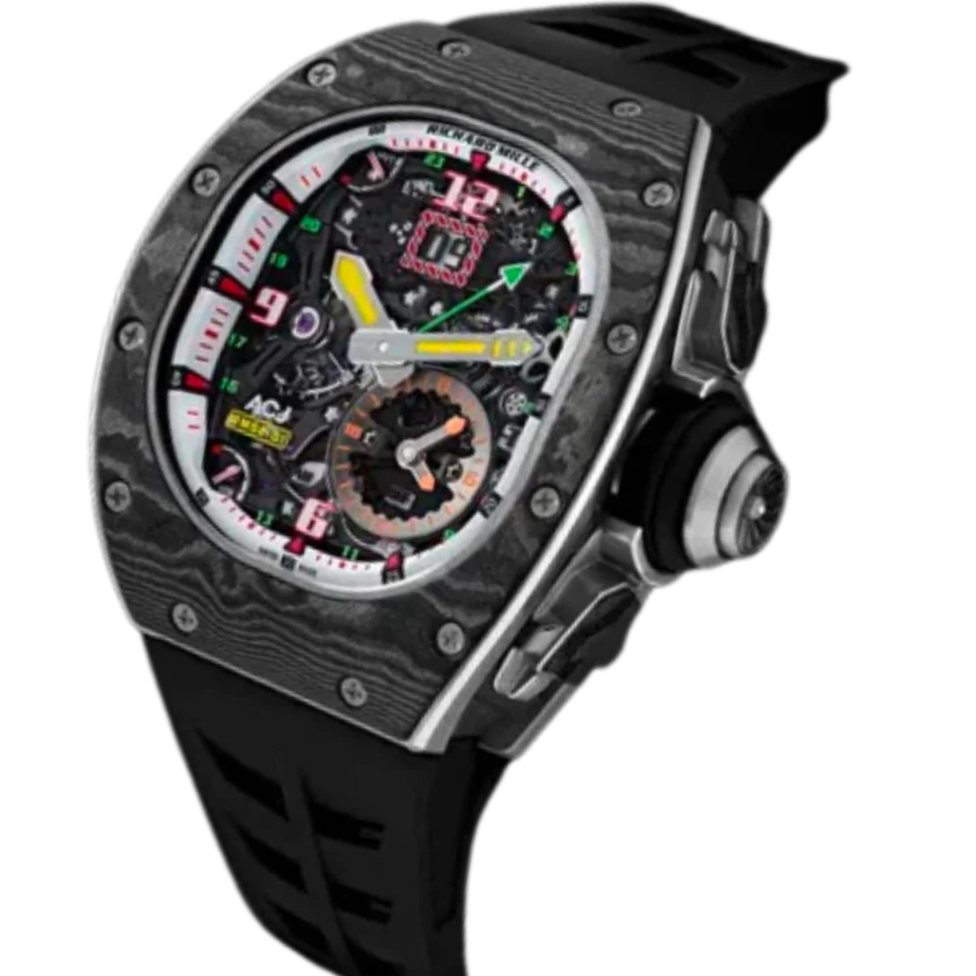 Rm 62-01 Manual Winding Tourbillon Vibrating Alarm ACJ Rubber Strap Titanium and Carbon Case