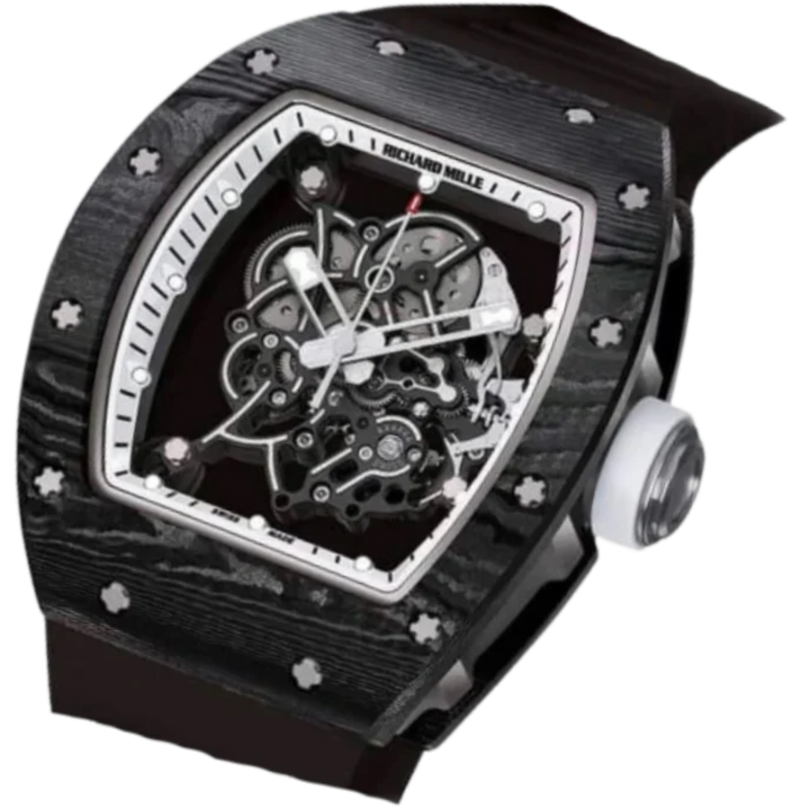 Richard Mille RM 55 Titanium Carbon TPT Diamond-Set White Legend Rubber Strap Skeleton Dial Rubber Strap luxury watch at 1Luxury Miami