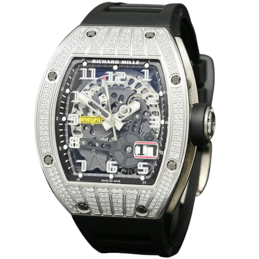 Richard Mille RM 029 White Gold Diamond-Set Pave Diamond Rubber Strap Skeleton Dial Rubber Strap luxury watch at 1Luxury Miami