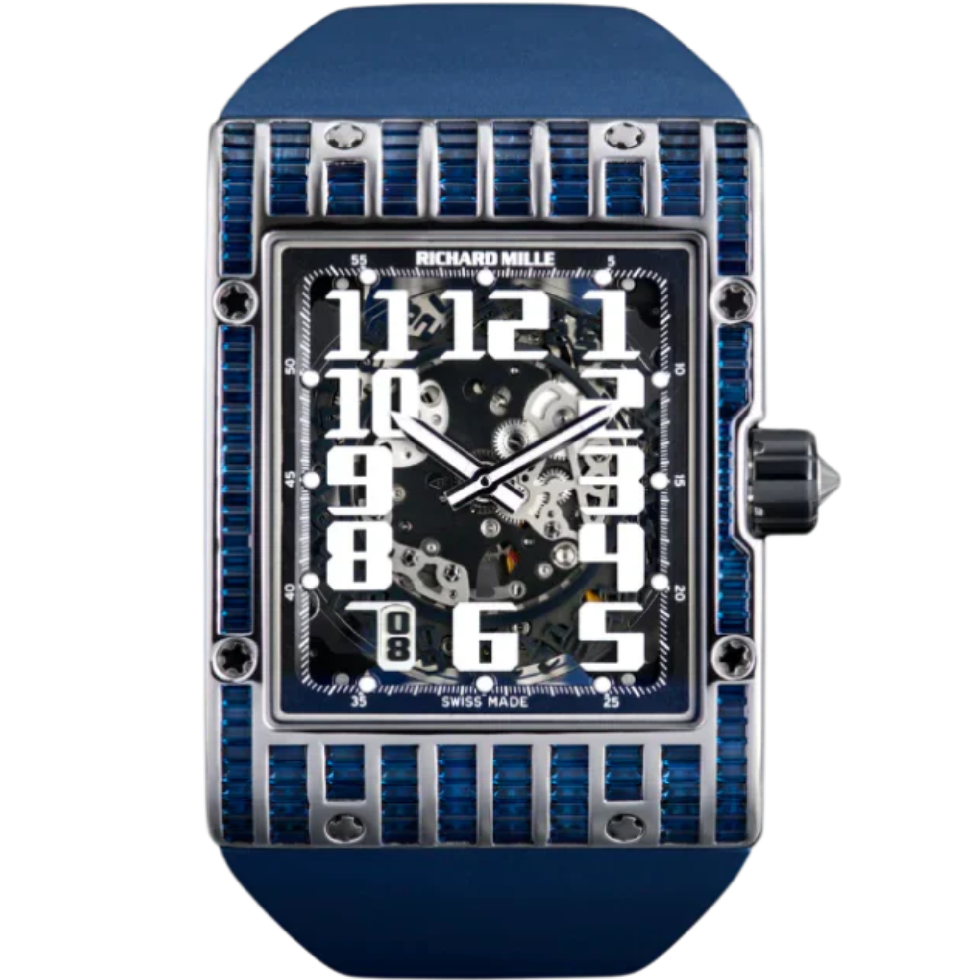 RM 016 Baguette Sapphire Set Blue Rubber Strap Blue Baguette Cut Sapphires Case