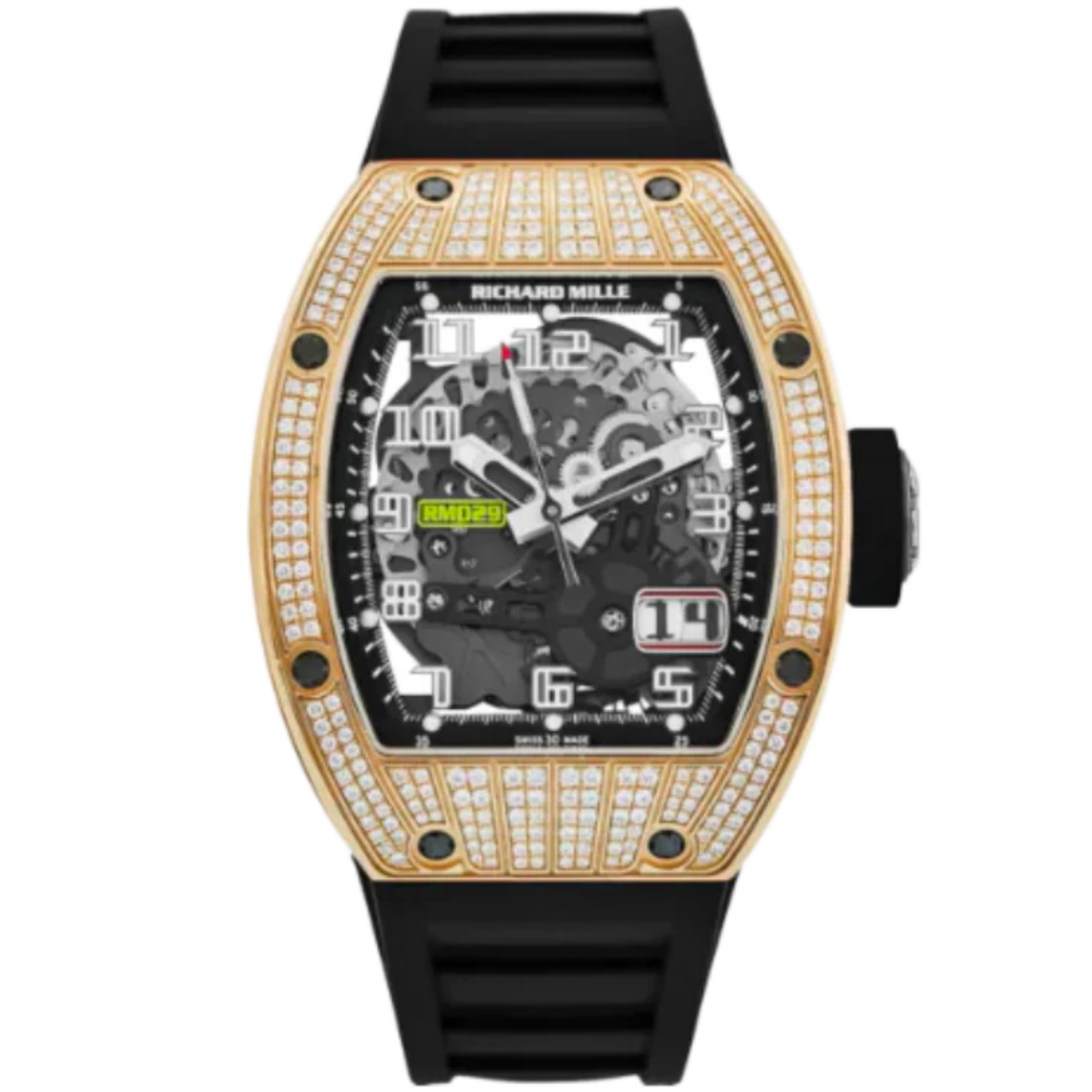 RM 029 Rose Gold Full Pave Diamond Rubber Strap Skeleton Dial Rose Gold Diamond Set Case