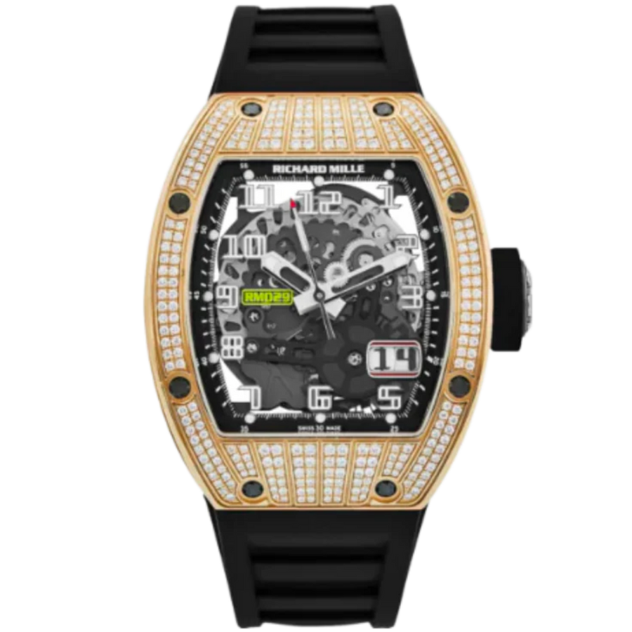Richard Mille RM 029 Rose Gold Diamond-Set Pave Diamond Rubber Strap Skeleton Dial Rubber Strap luxury watch at 1Luxury Miami