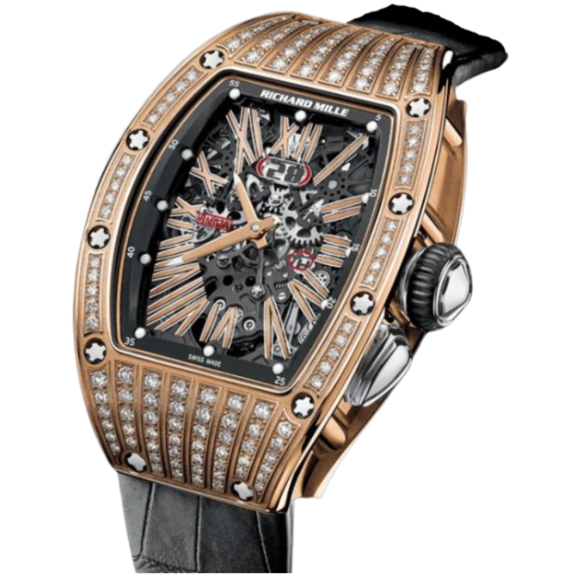 RM 037 Rose Gold and Diamonds Leather Strap Skeletonized Dial Rose Gold Case and a Ceramic Diamond Set Bezel