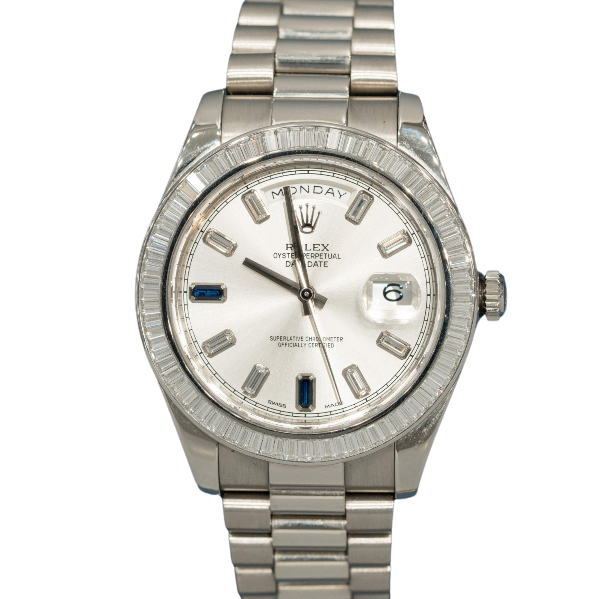 Rolex Day Date Ref. 218399BR 41MM White Gold Baguette Bezel Sapphire Markers