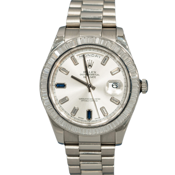 Rolex Day Date Ref. 218399BR 41MM White Gold Baguette Bezel Sapphire Markers