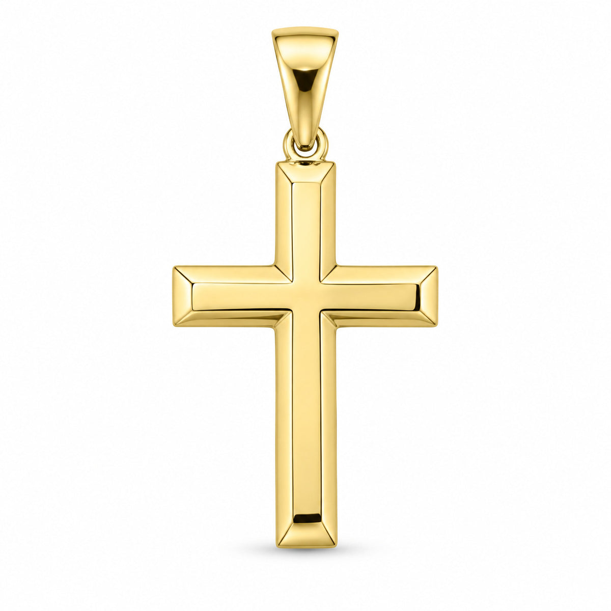 Eternal beveled Christian cross pendant design rendering in yellow gold, with polished arms and a tapered bail.