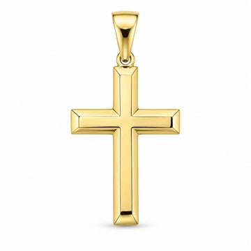 Eternal beveled Christian cross pendant design rendering in yellow gold, with polished arms and a tapered bail.