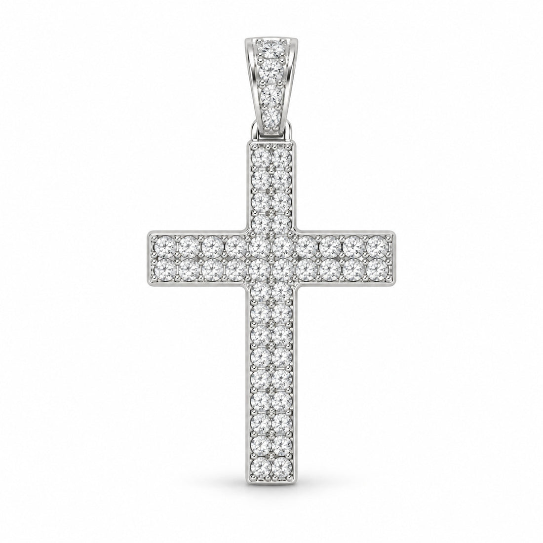 Radiance cross pendant design rendering in white gold with twin rows of round stones and a stone-set bail.