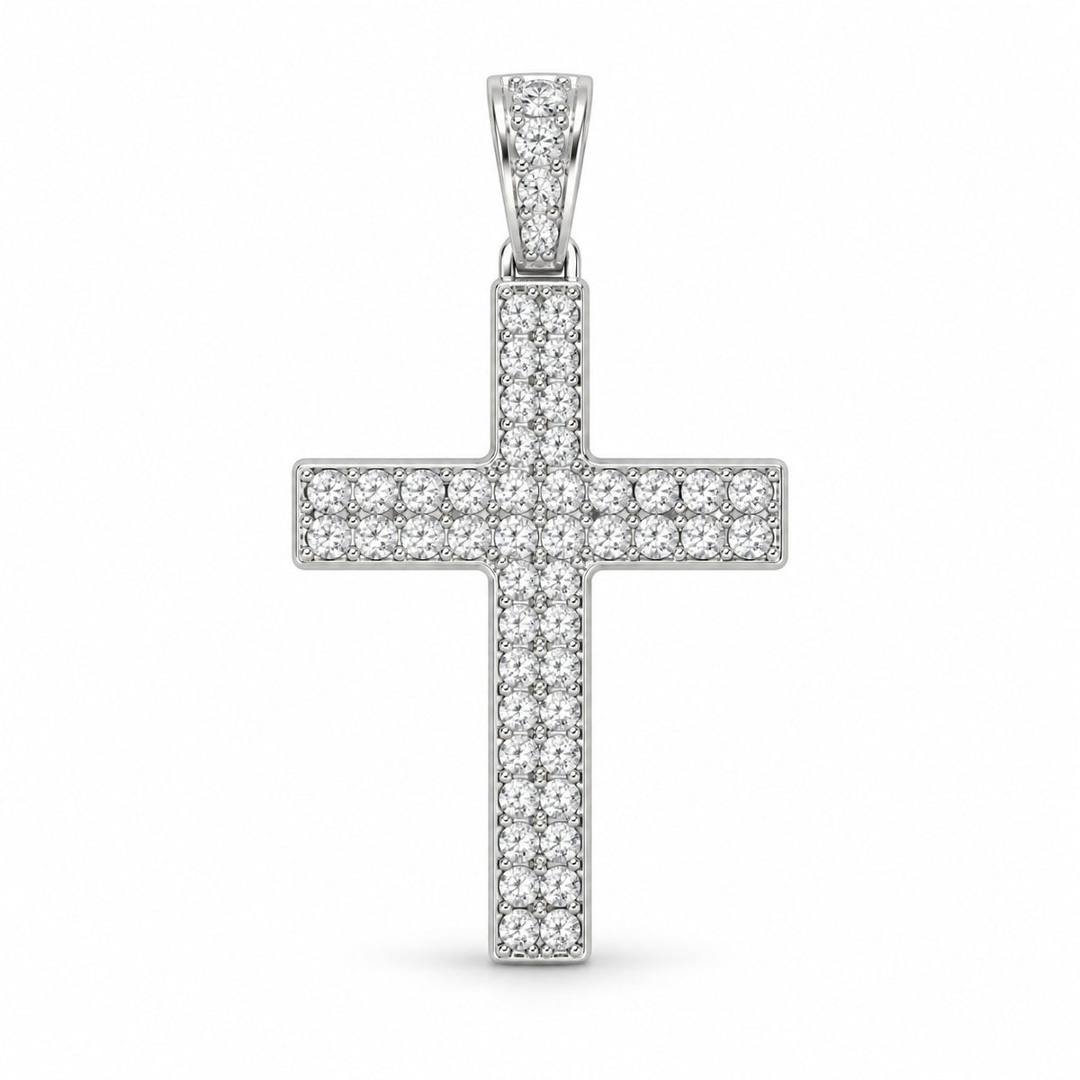 Radiance cross pendant design rendering in white gold with twin rows of round stones and a stone-set bail.