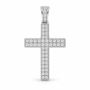 Radiance cross pendant design rendering in white gold with twin rows of round stones and a stone-set bail.