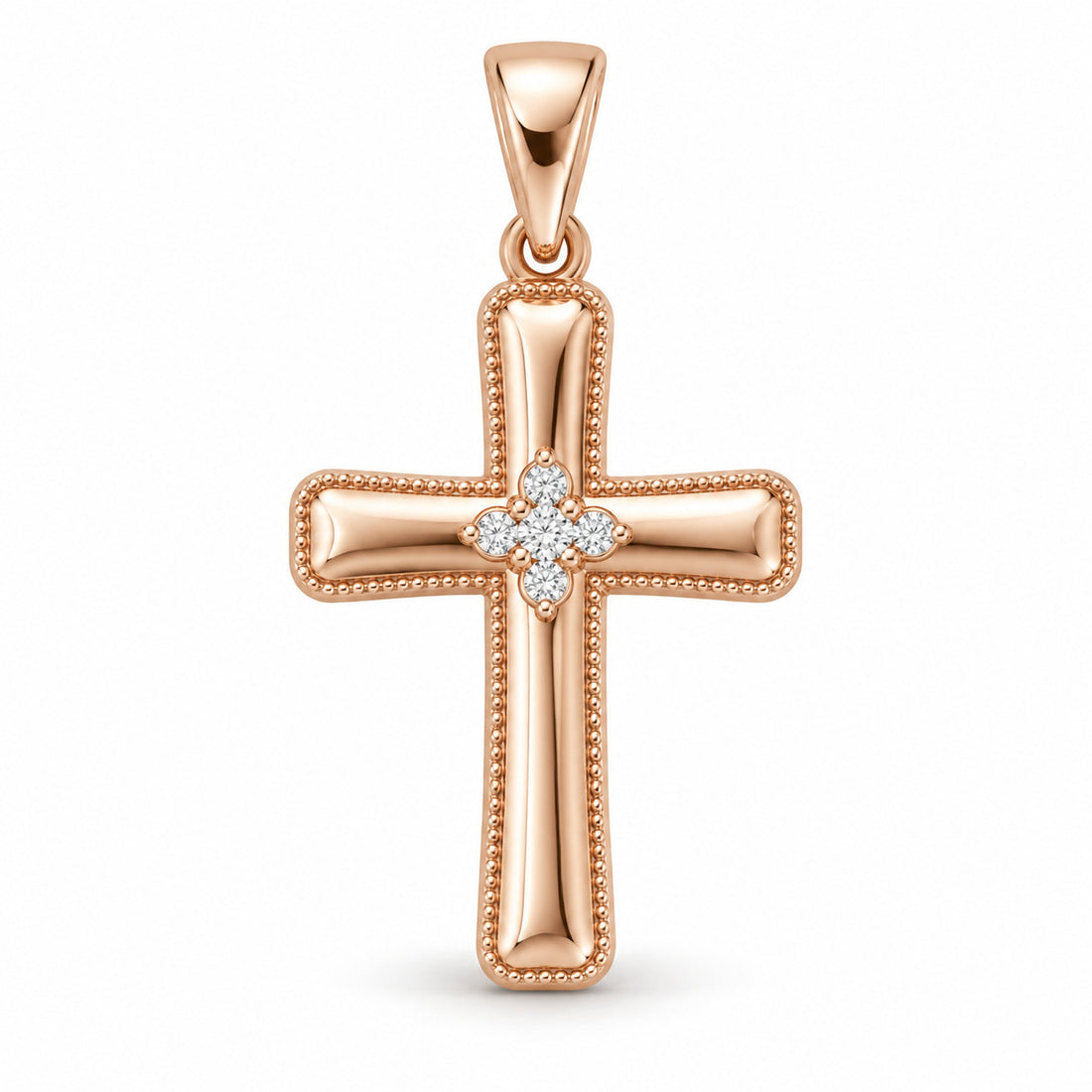 Grace Christian cross pendant design rendering in rose gold with milgrain edging and a five-stone center.