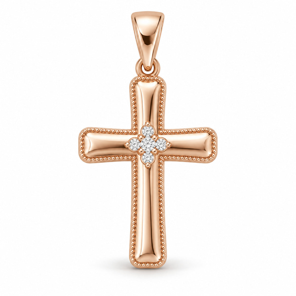 Grace Christian cross pendant design rendering in rose gold with milgrain edging and a five-stone center.