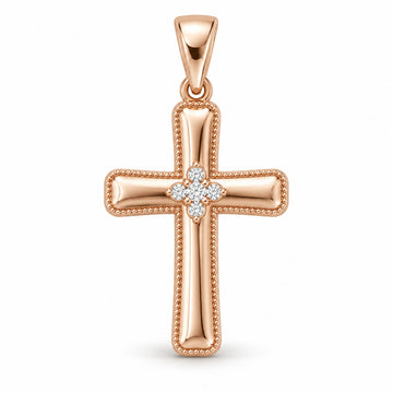 Grace Christian cross pendant design rendering in rose gold with milgrain edging and a five-stone center.