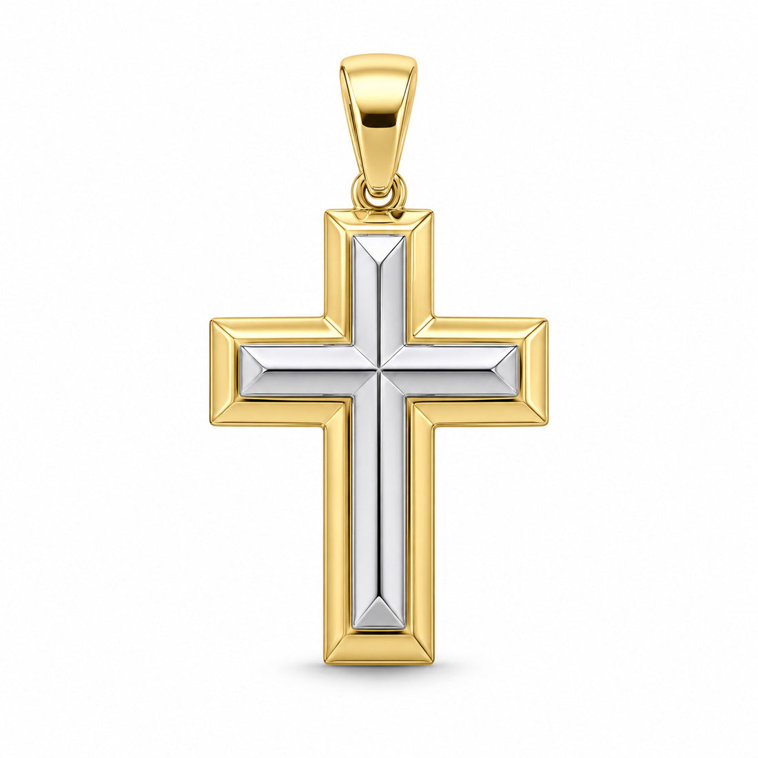 Unity two-tone cross pendant design rendering, with a faceted white-gold center and yellow-gold frame.