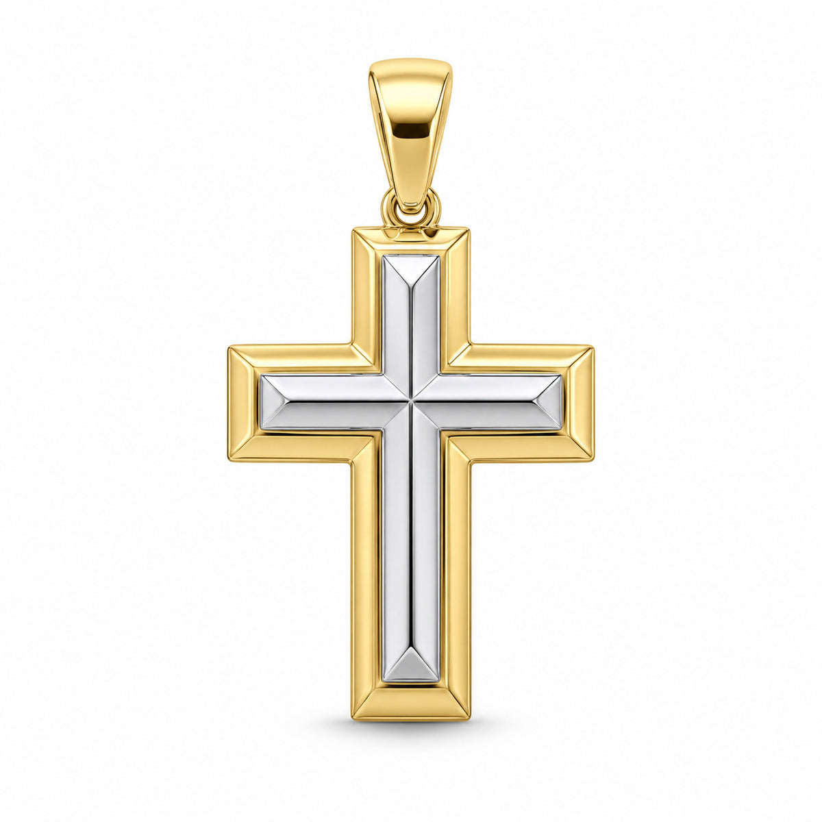 Unity two-tone cross pendant design rendering, with a faceted white-gold center and yellow-gold frame.