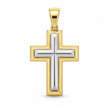 Unity two-tone cross pendant design rendering, with a faceted white-gold center and yellow-gold frame.
