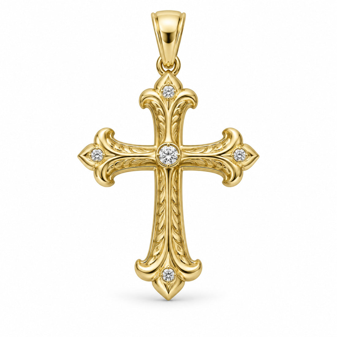 Cathedral cross pendant design rendering in yellow gold with fleur-de-lis-inspired ends, sculpted scrollwork and five stone accents.