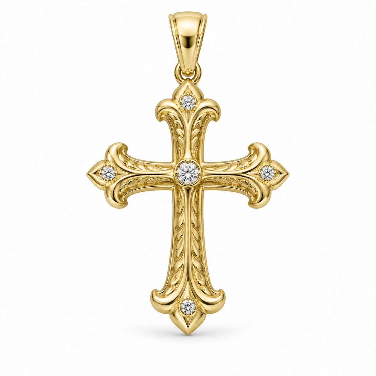 Cathedral cross pendant design rendering in yellow gold with fleur-de-lis-inspired ends, sculpted scrollwork and five stone accents.