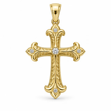 Cathedral cross pendant design rendering in yellow gold with fleur-de-lis-inspired ends, sculpted scrollwork and five stone accents.