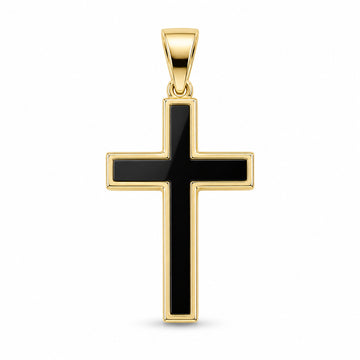 Midnight cross pendant design rendering with a black onyx-style inlay and polished yellow-gold frame.