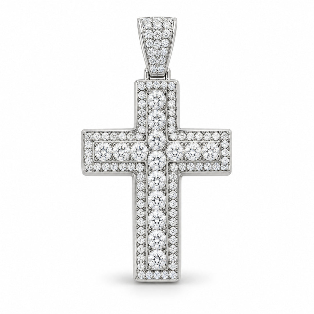 Ascension halo cross pendant design rendering in white gold with larger round center stones and a pavé bail.