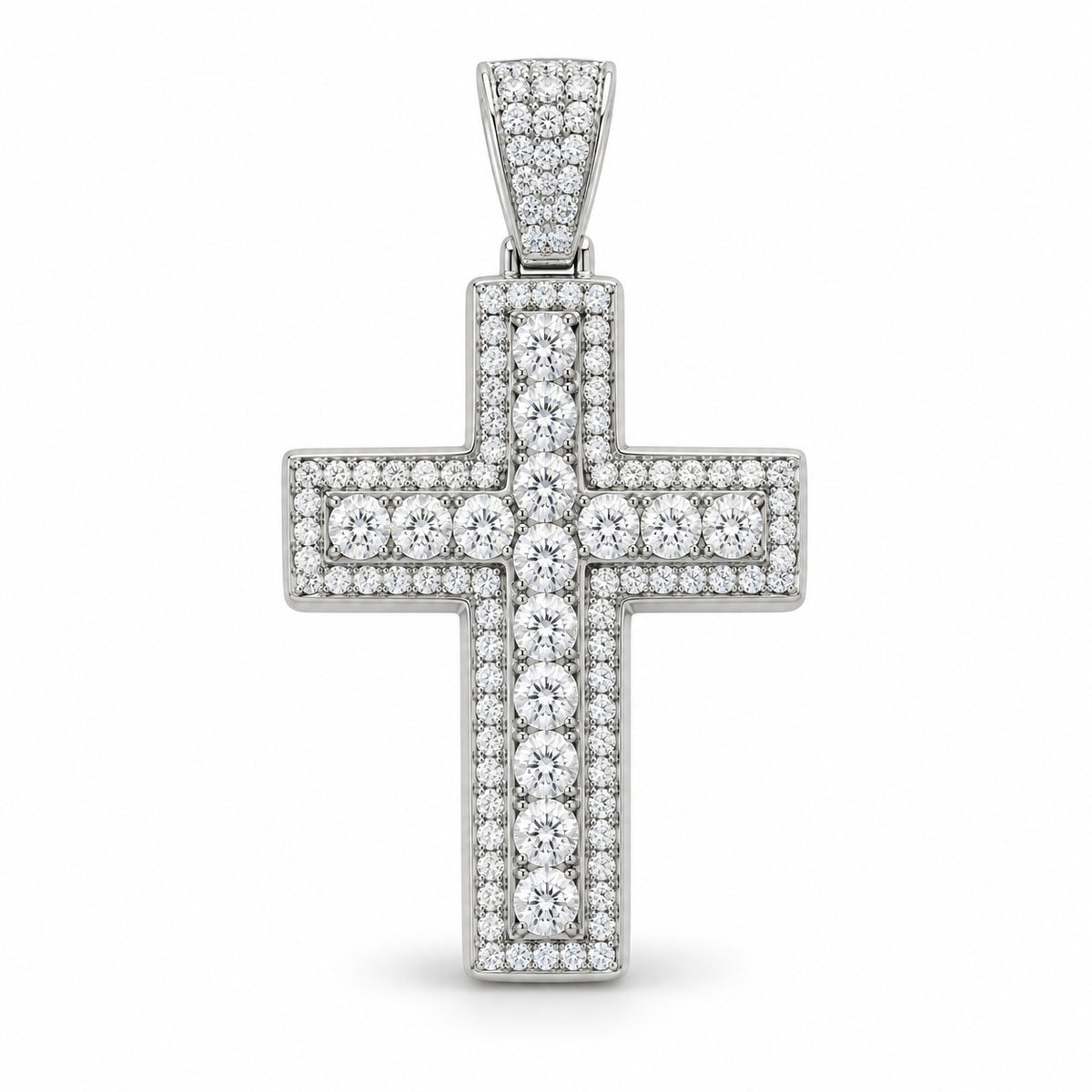 Ascension halo cross pendant design rendering in white gold with larger round center stones and a pavé bail.