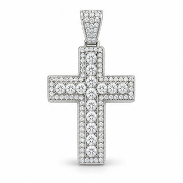 Ascension halo cross pendant design rendering in white gold with larger round center stones and a pavé bail.