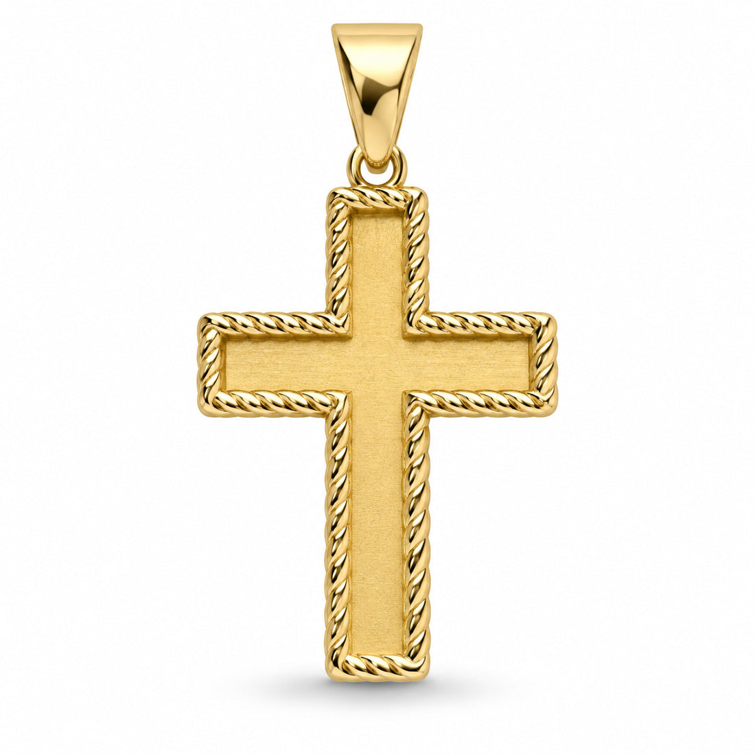 Covenant cross pendant design rendering in yellow gold with a polished rope border and satin-finished center.