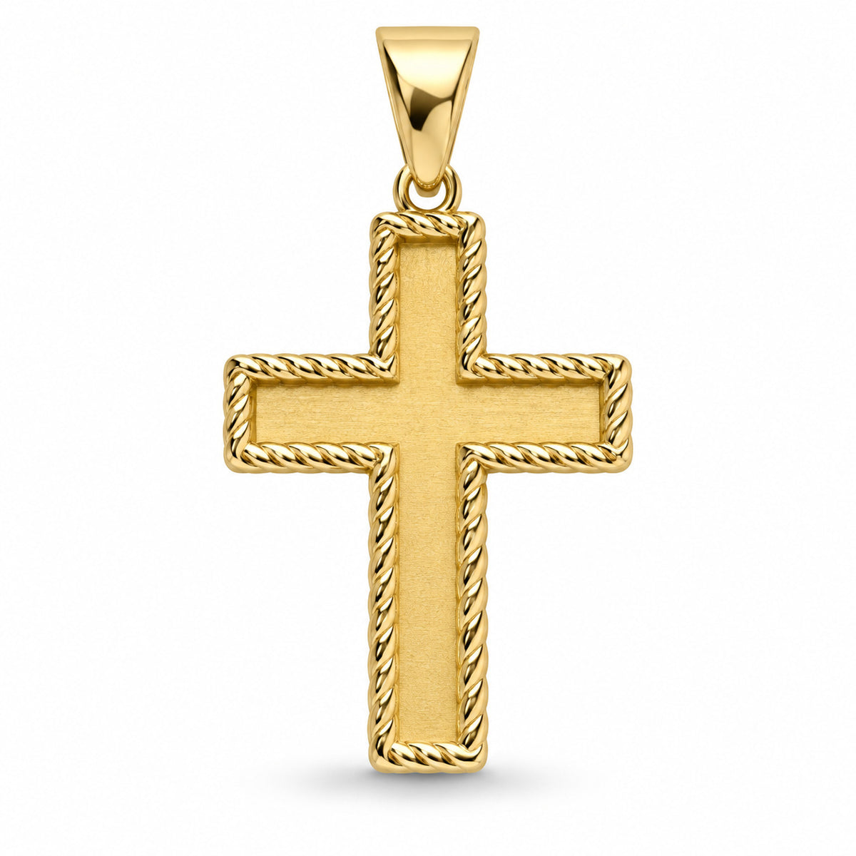 Covenant cross pendant design rendering in yellow gold with a polished rope border and satin-finished center.