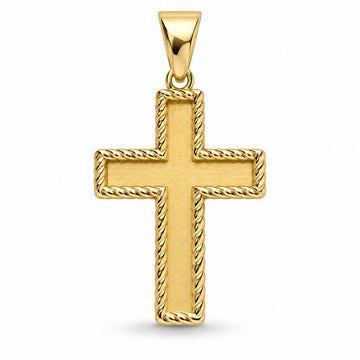 Covenant cross pendant design rendering in yellow gold with a polished rope border and satin-finished center.