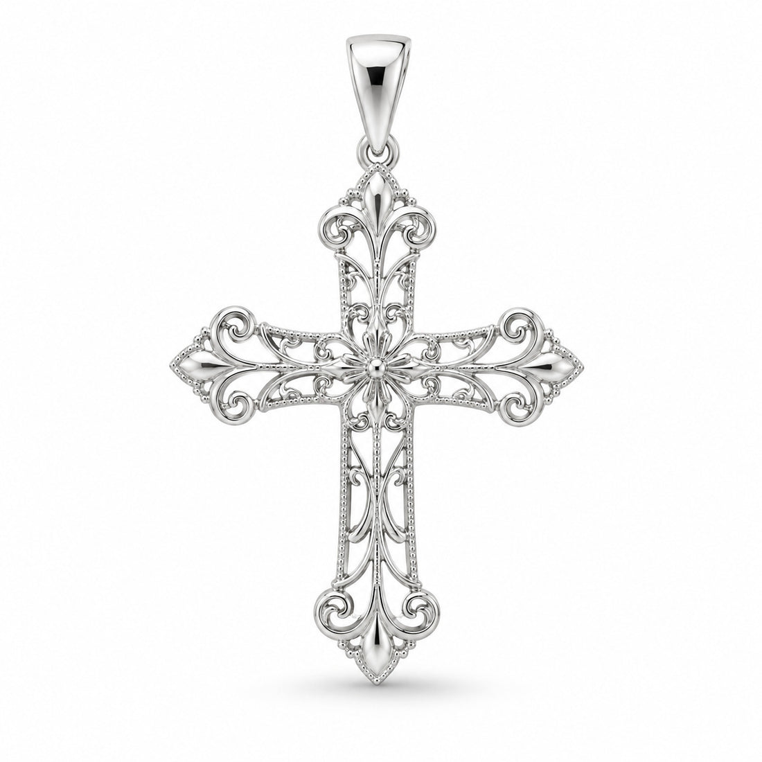 Devotion cross pendant design rendering in white gold with openwork filigree, leaf-shaped tips and beaded detailing.