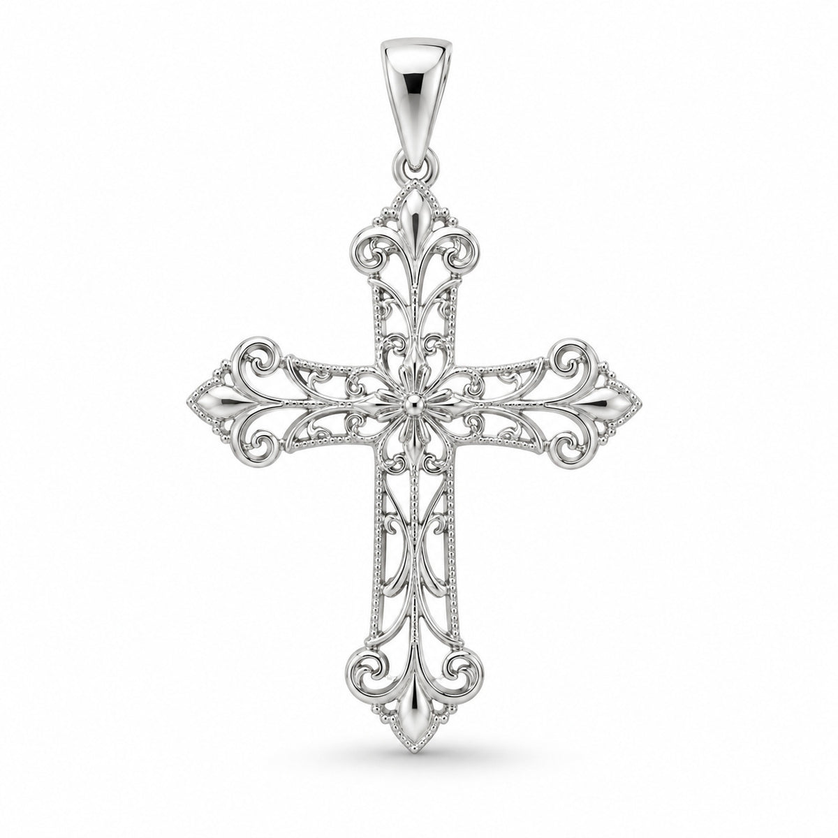 Devotion cross pendant design rendering in white gold with openwork filigree, leaf-shaped tips and beaded detailing.