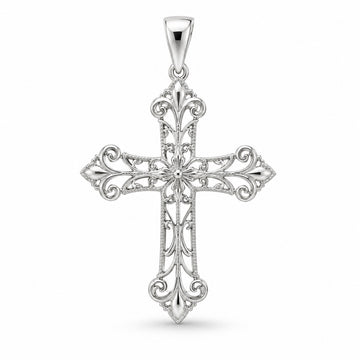 Devotion cross pendant design rendering in white gold with openwork filigree, leaf-shaped tips and beaded detailing.