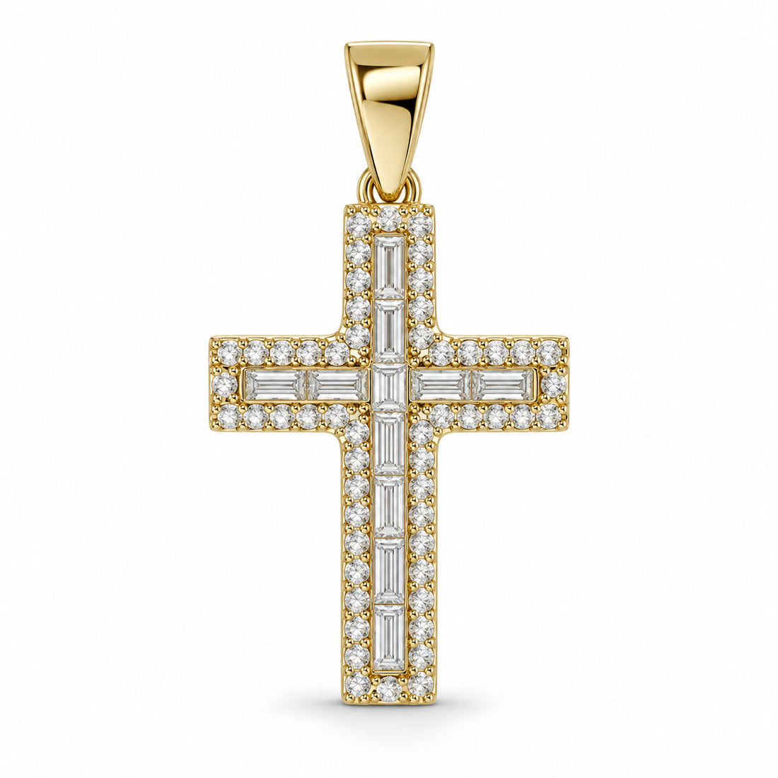 Lumina cross pendant design rendering in yellow gold with a baguette-style center and round-stone border.