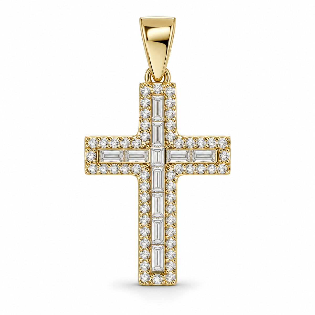 Lumina cross pendant design rendering in yellow gold with a baguette-style center and round-stone border.