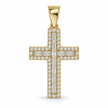 Lumina cross pendant design rendering in yellow gold with a baguette-style center and round-stone border.