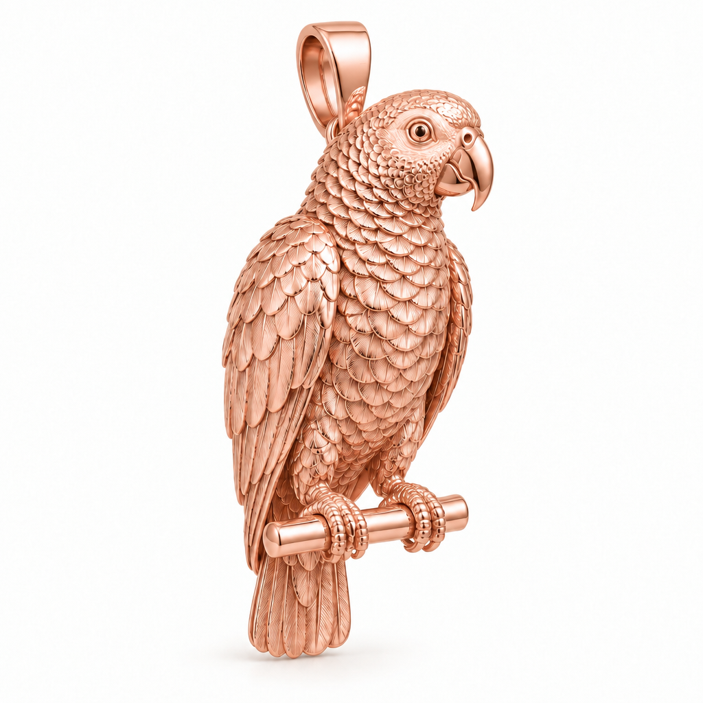 African grey parrot pendant design render in high-polish rose gold on white; pendant only.