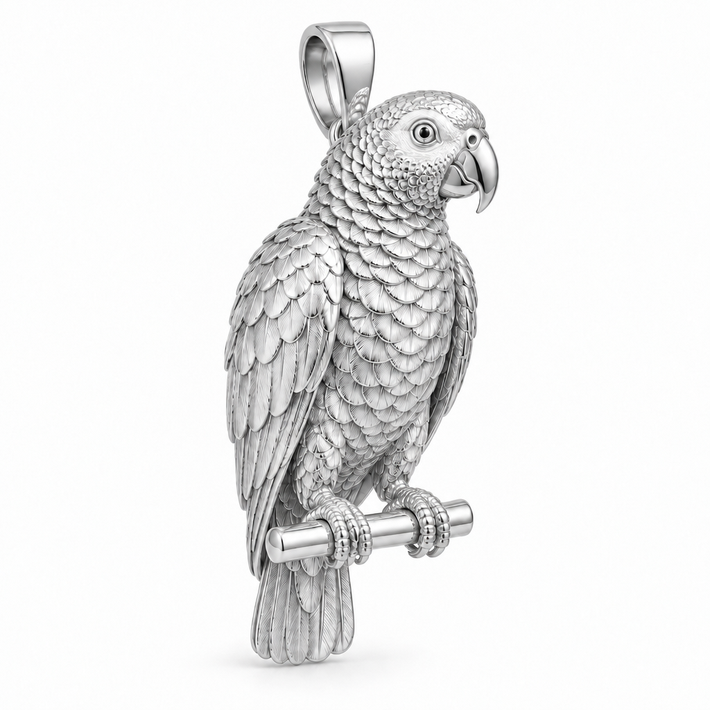 African grey parrot pendant design render in high-polish white gold on white; pendant only.