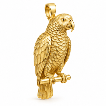African grey parrot pendant design render in polished yellow gold; pendant only.