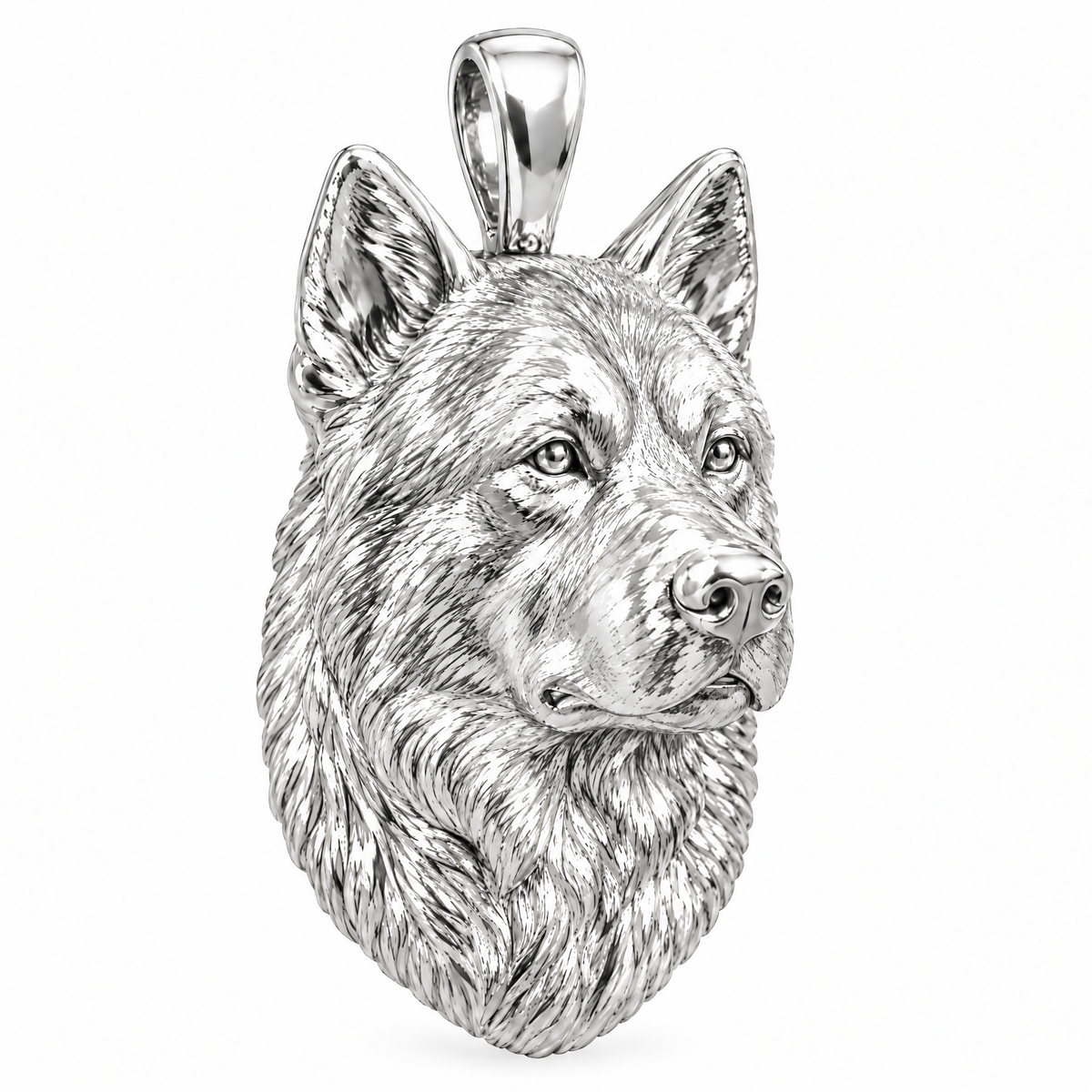 Akita high-polish white gold dog pendant, design render on white