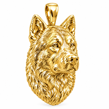 Akita high-polish yellow gold dog pendant, design render on white