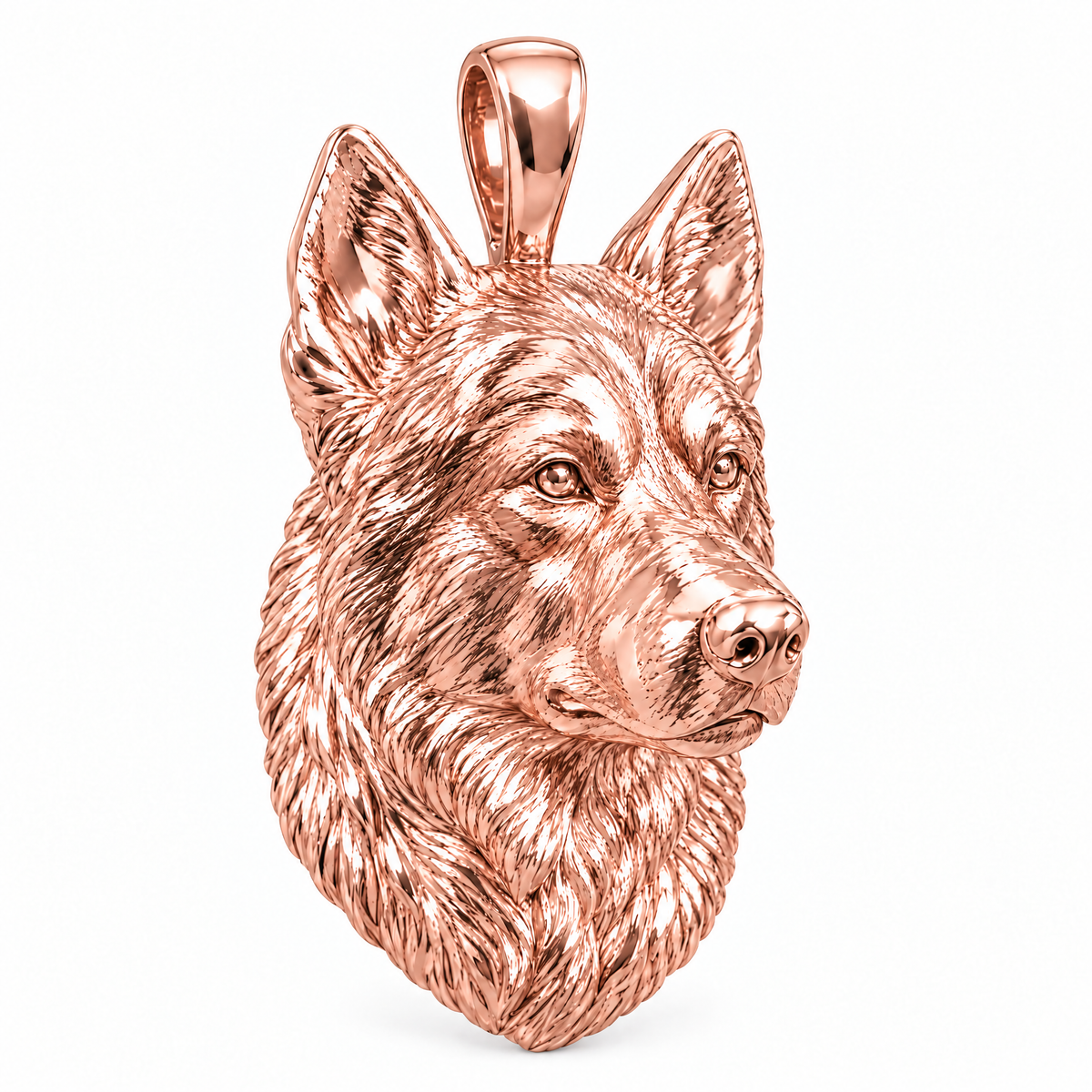 Alaskan Malamute high-polish rose gold dog pendant, design render on white
