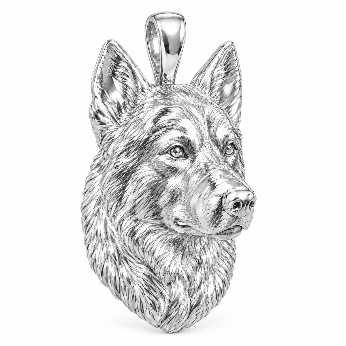 Alaskan Malamute high-polish white gold dog pendant, design render on white