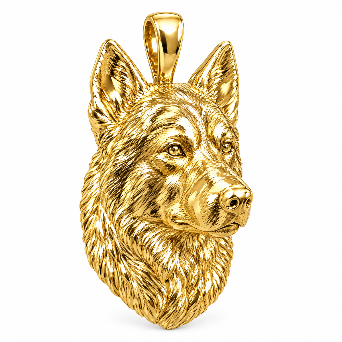 Alaskan Malamute high-polish yellow gold dog pendant, design render on white