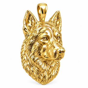 Alaskan Malamute high-polish yellow gold dog pendant, design render on white