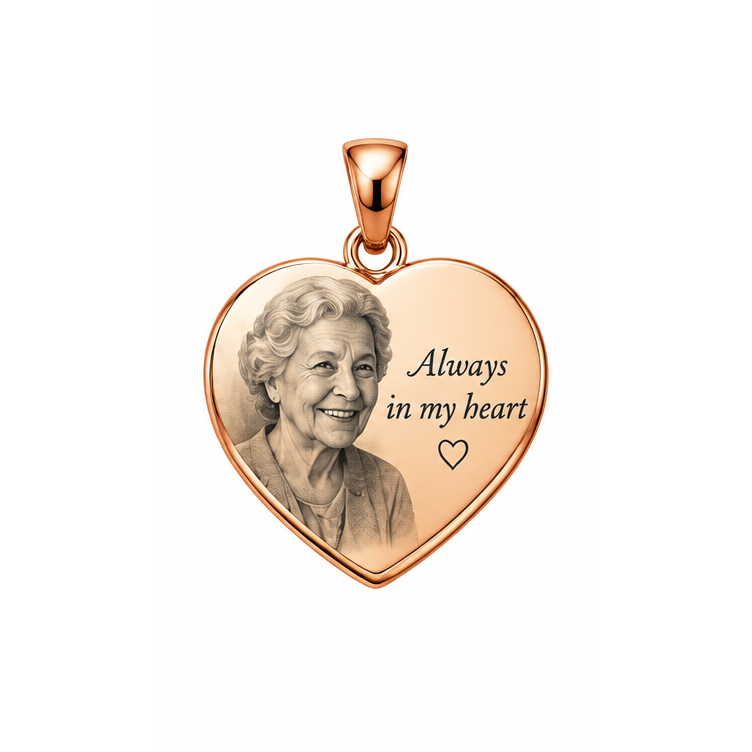Always in My Heart photo memorial heart pendant in rose gold; illustrative render, pendant only.