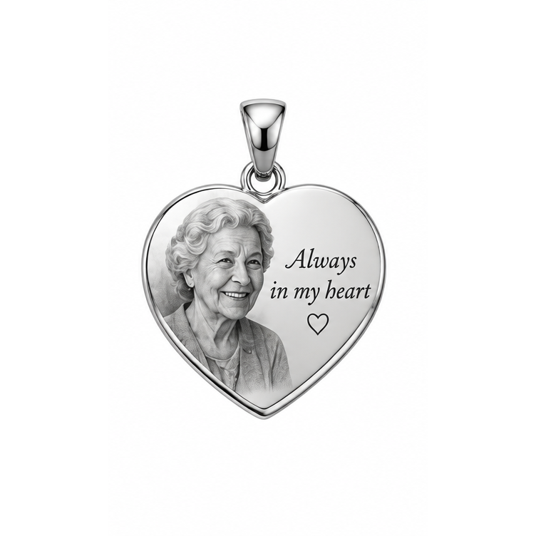 Always in My Heart photo memorial heart pendant in white gold; illustrative render, pendant only.