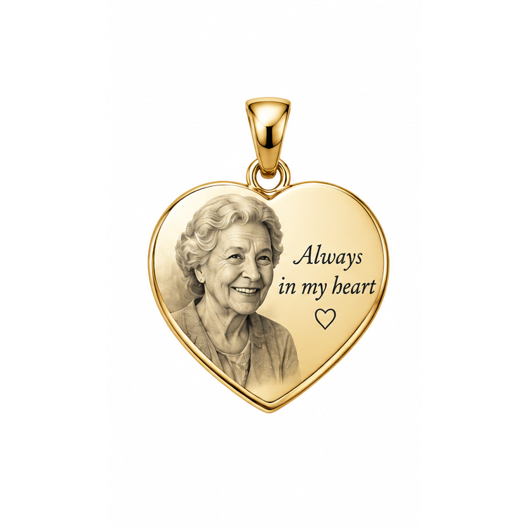 Always in My Heart photo memorial heart pendant in yellow gold; illustrative render, pendant only.